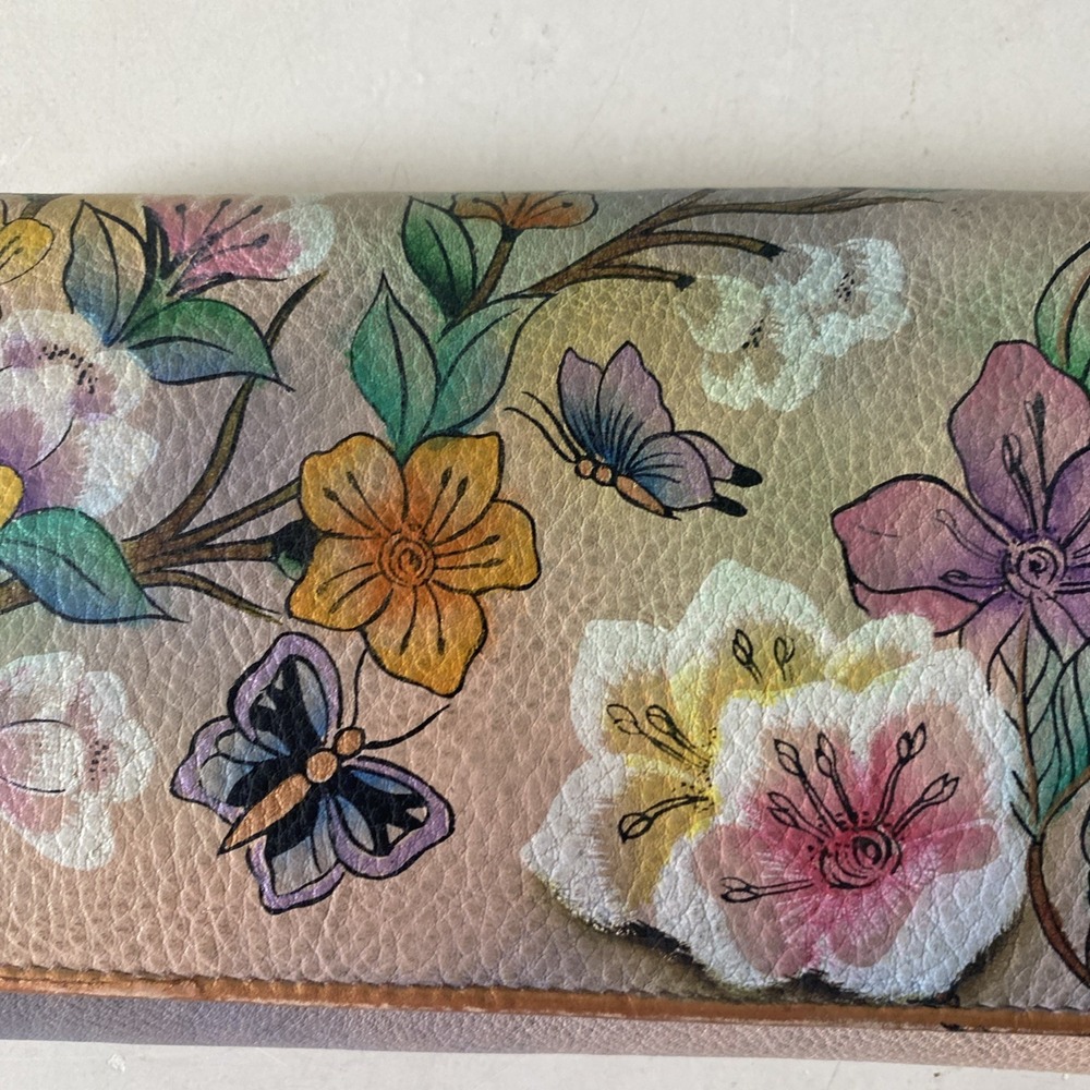 Anuschka Hand Painted Leather Wallet Garden Nature Butterfly Floral Snap Closure - Picture 3 of 16